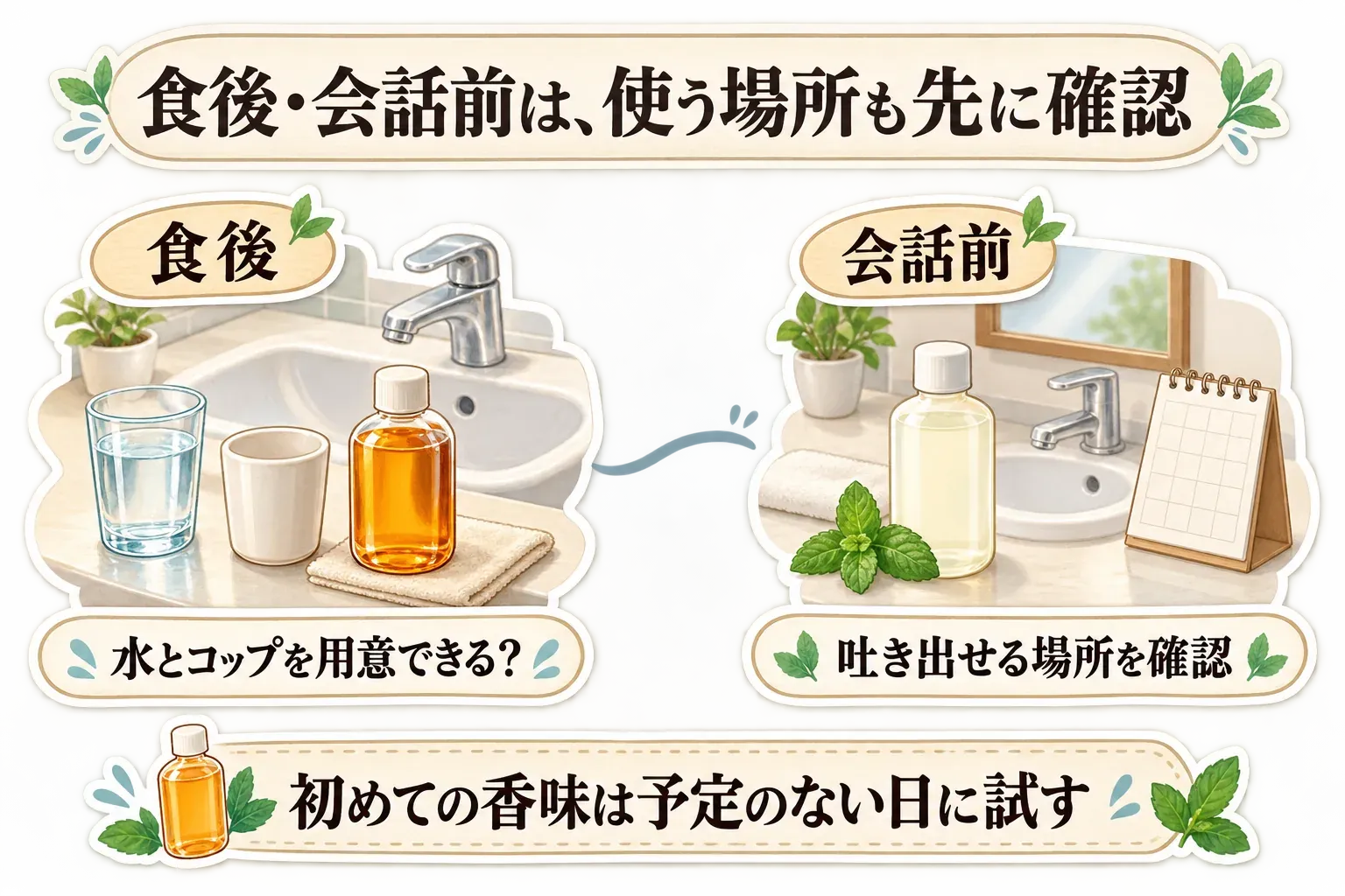 食後・会話前にマウスウォッシュを使う場所を確認する図。食後は水とコップを用意できるか、会話前はすすいだ液を吐き出せる場所があるかを確認し、初めての香味は予定のない日に試すよう示す