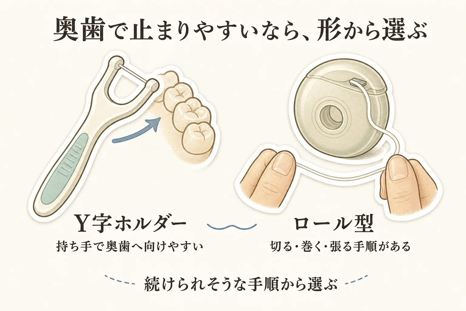 奥歯で止まりやすいときの選び方として、持ち手を奥歯へ向けやすいY字ホルダーと、切る・巻く・張る手順があるロール型を並べ、続けられそうな手順から選ぶことを示す図