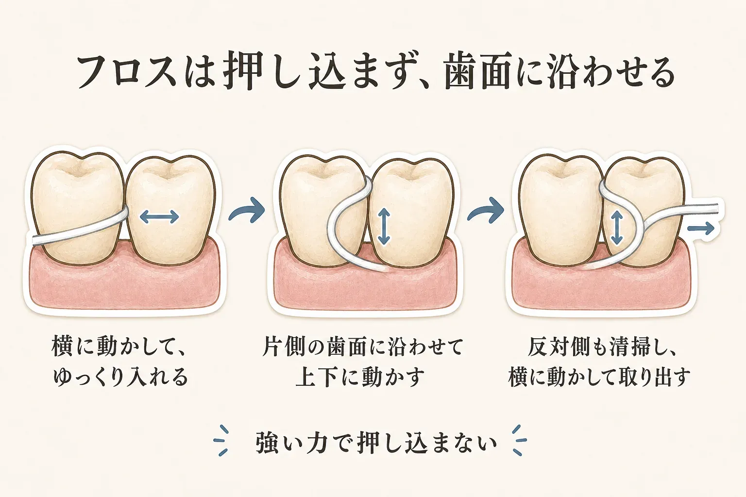 フロスの使い方として、横に動かしてゆっくり歯間へ入れ、片側の歯面に沿わせて上下に動かし、反対側も清掃して横に動かして取り出す手順を示す図。強い力で押し込まないよう案内