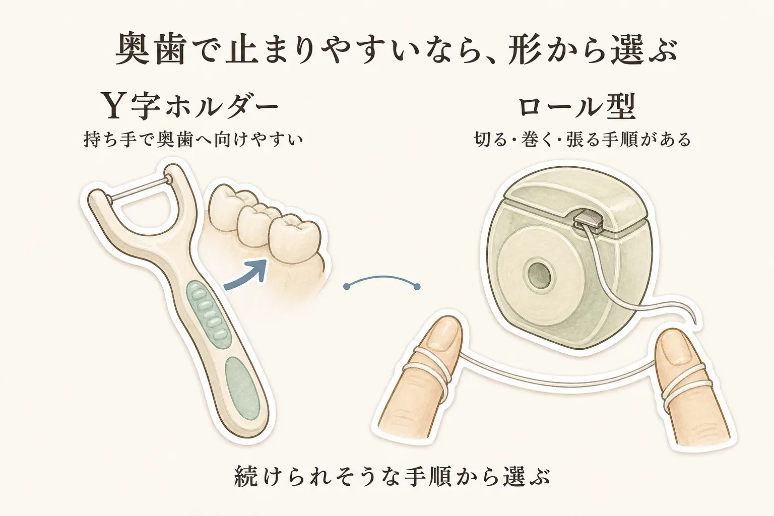 奥歯で止まりやすいときのフロスの選び方として、持ち手で奥歯へ向けやすいY字ホルダーと、切る・巻く・張る手順があるロール型を並べ、続けられそうな手順から選ぶことを示す図