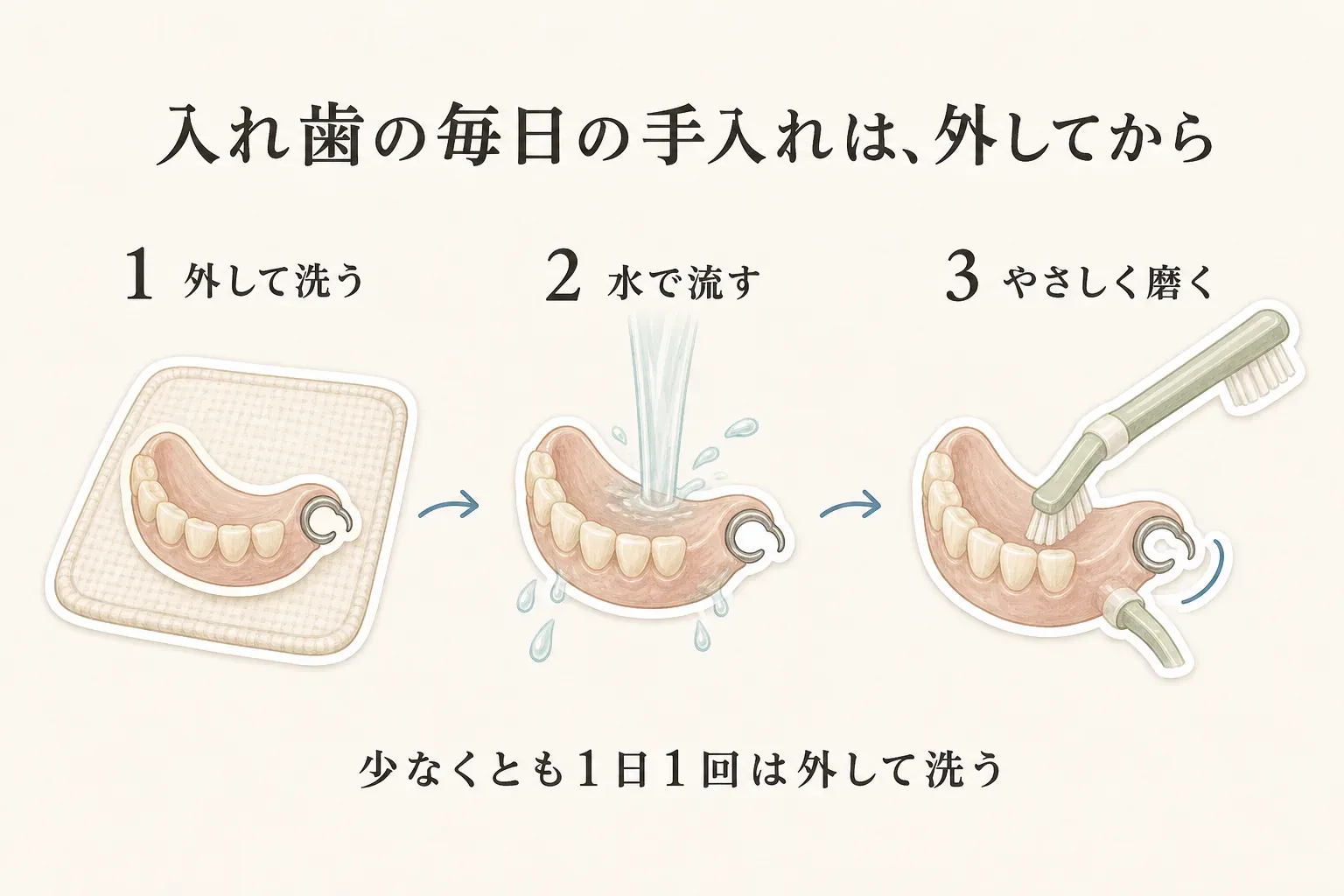 入れ歯の毎日の手入れを3段階で示す図。入れ歯を外して洗い、水で流し、義歯ブラシでやさしく磨く流れと、少なくとも1日1回は外して洗う目安を説明している