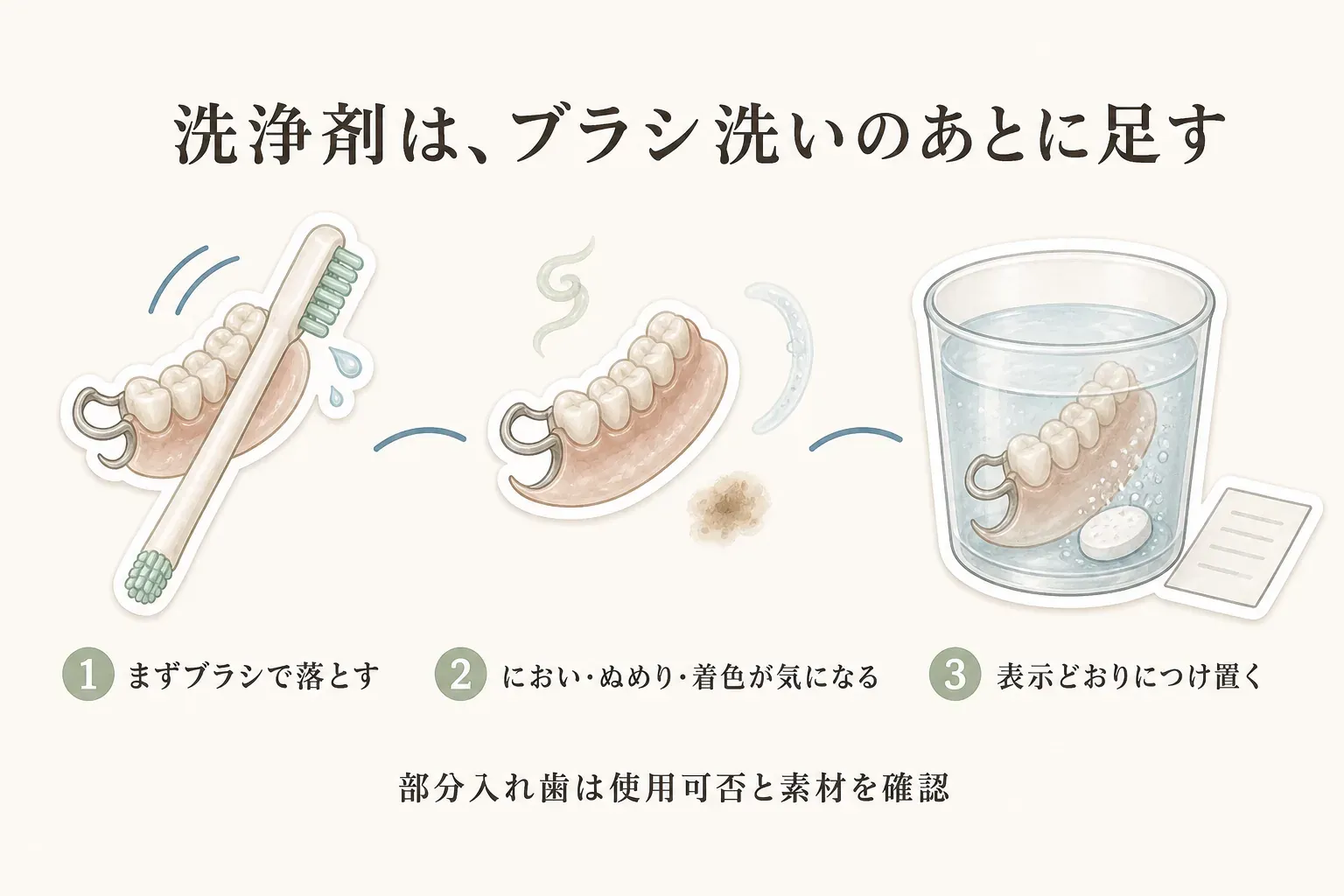 洗浄剤を追加する順番を示す図。まずブラシで汚れを落とし、におい・ぬめり・着色が気になるときは表示どおりにつけ置きし、部分入れ歯は使用可否と素材を確認することを説明している