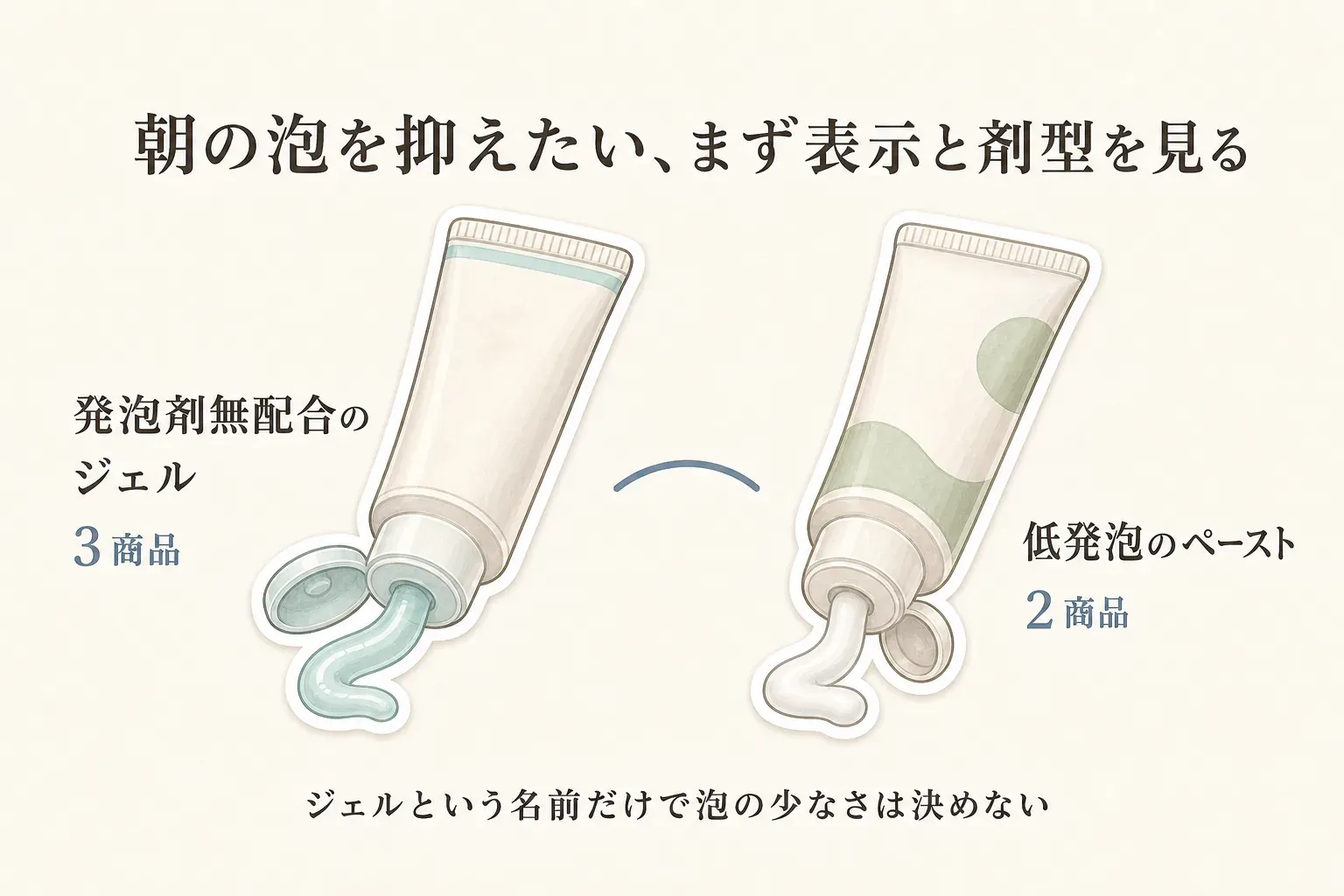 朝の泡を抑えたいときは表示と剤型を見ることを示す図。発泡剤無配合のジェル3商品と低発泡のペースト2商品を並べ、ジェルという名前だけで泡の少なさを決めないよう案内している