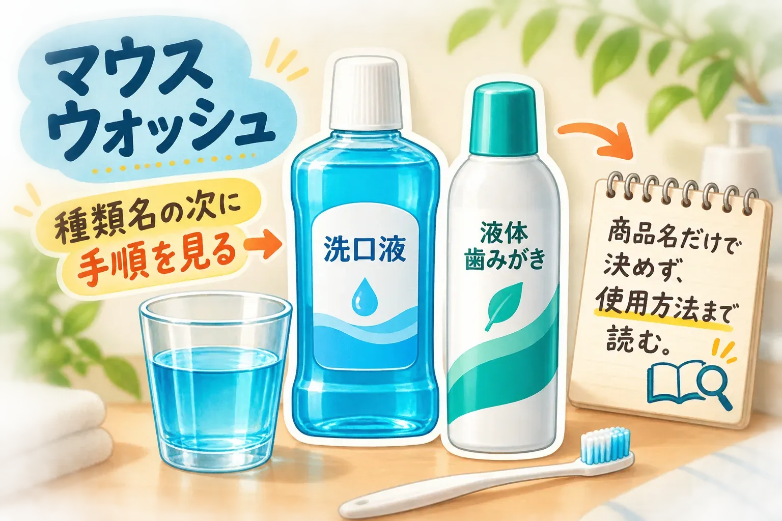 洗面台に「洗口液」と「液体歯みがき」と表示された2本のボトル、コップ、歯ブラシを並べ、「マウスウォッシュ」という商品名だけで決めず、種類名の次に使用方法を読むよう示す図