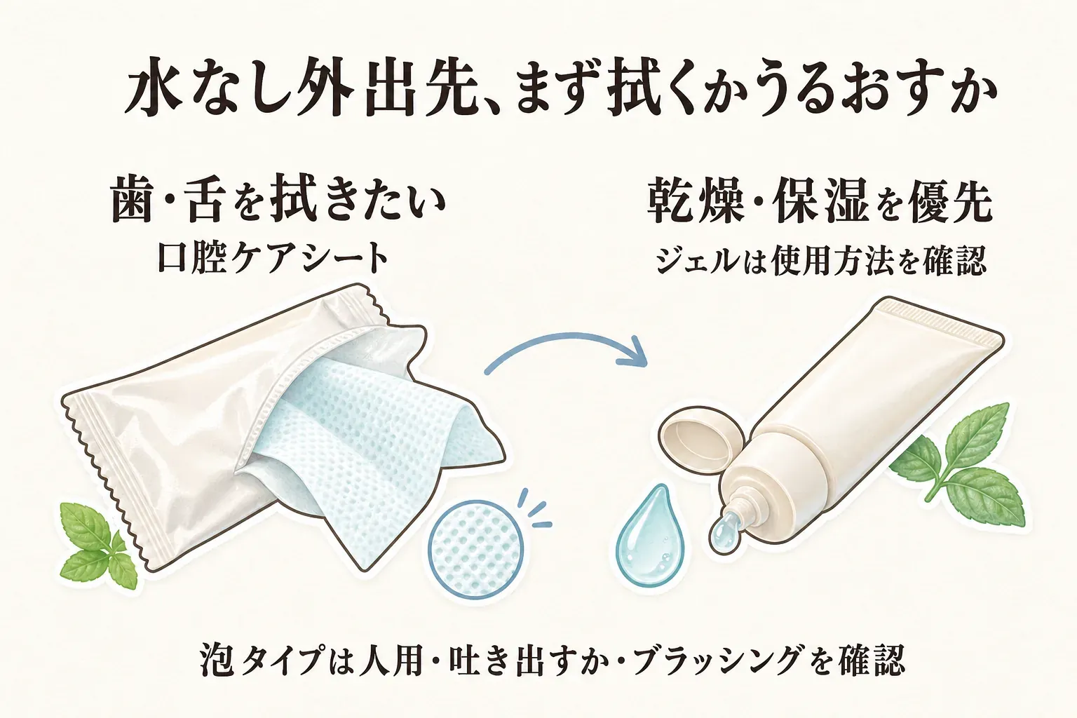 水なしの外出先での口腔ケアの選び方を示す図。歯や舌を拭きたいときは口腔ケアシート、乾燥や保湿を優先するときは使用方法を確認したジェルを選び、泡タイプは人用か、吐き出すか、ブラッシングが必要かを確認する