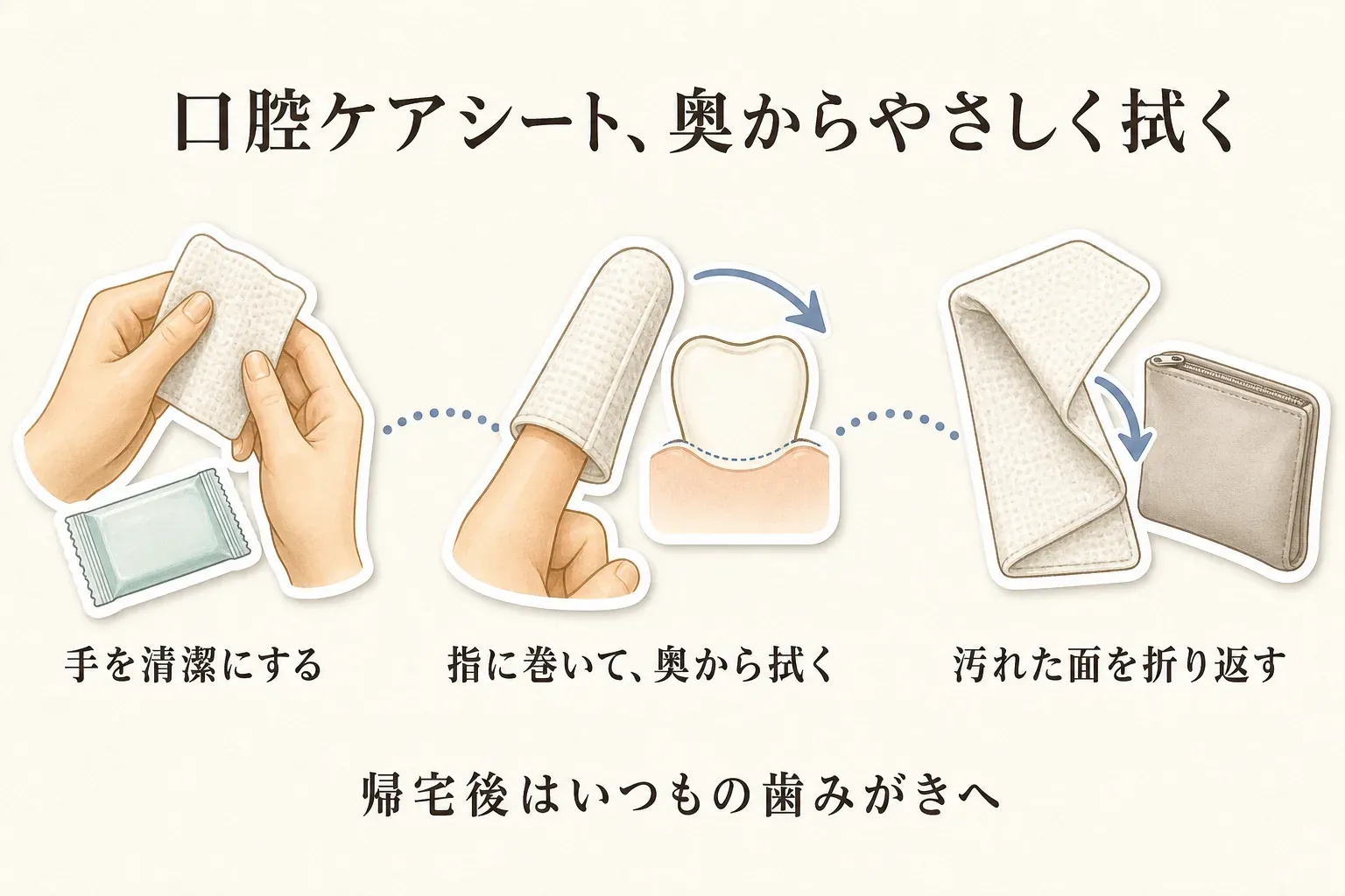 口腔ケアシートの使い方を示す図。手を清潔にしてシートを指に巻き、歯や口の中を奥からやさしく拭き、汚れた面を折り返して使い、帰宅後はいつもの歯みがきに戻る流れ
