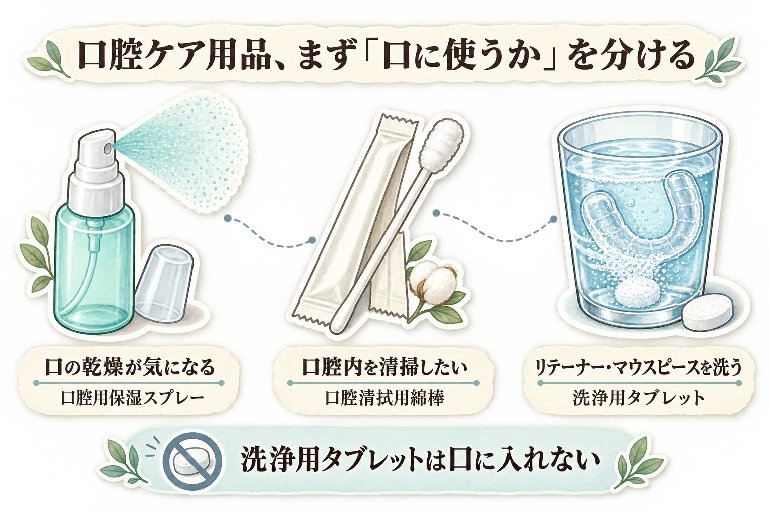 口腔ケア用品を使う目的で分ける図。口の乾燥には口腔用保湿スプレー、口腔内の清掃には口腔清拭用綿棒、リテーナー・マウスピースを洗うときには洗浄用タブレットを使い、洗浄用タブレットは口に入れないことを示す