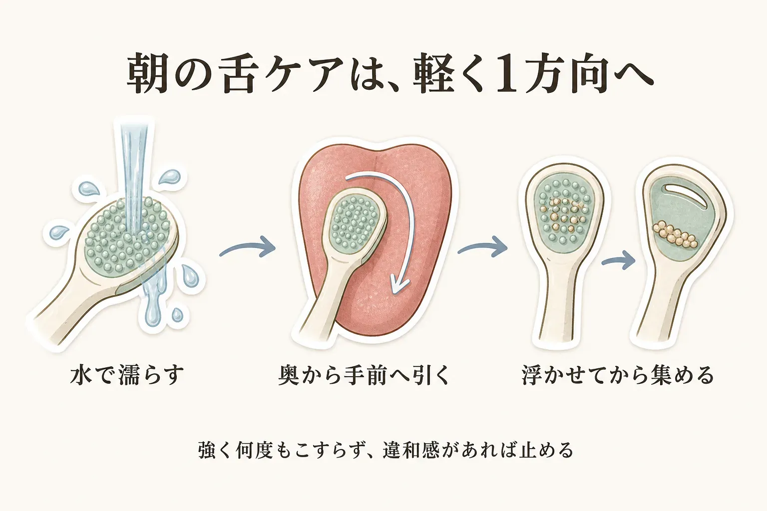 朝の舌ケアは、舌ブラシを水で濡らし、舌の奥から手前へ軽く一方向に引き、2WAY型はブラシで汚れを浮かせてからヘラで集める手順を示す図。強く何度もこすらず、違和感があれば止めるよう案内